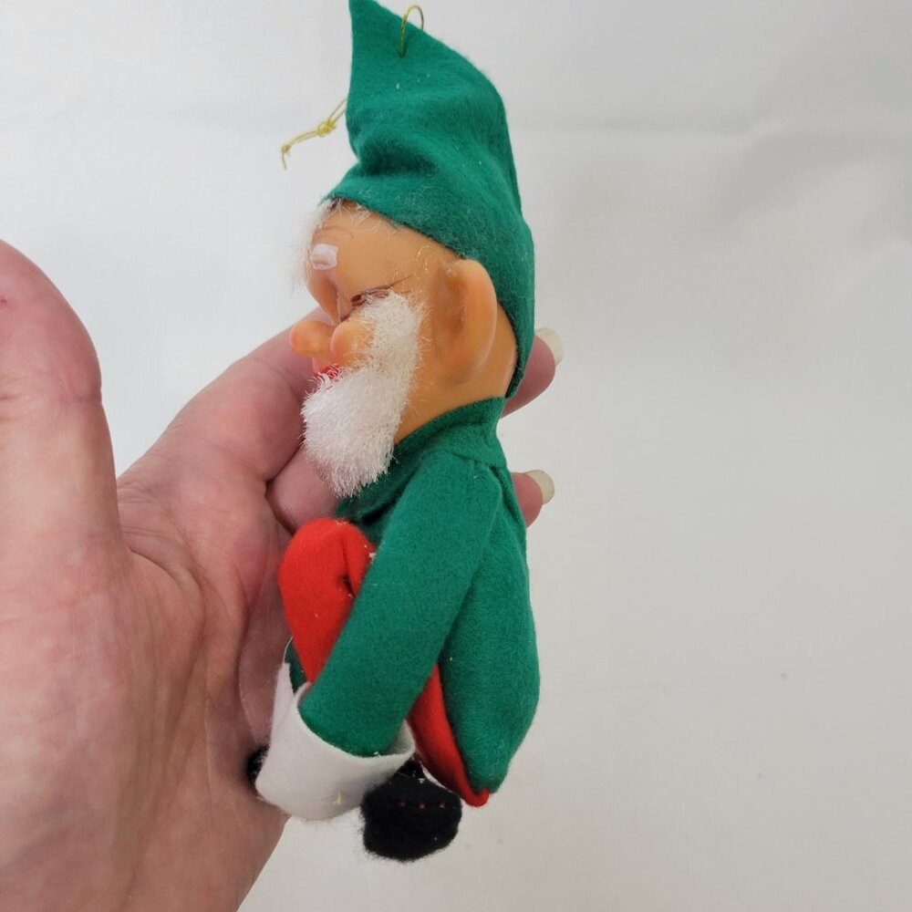Vintage Green Red Christmas Knee Hugger Elf Japan Christmas Ornament Rubber Face - Picture 3 of 7